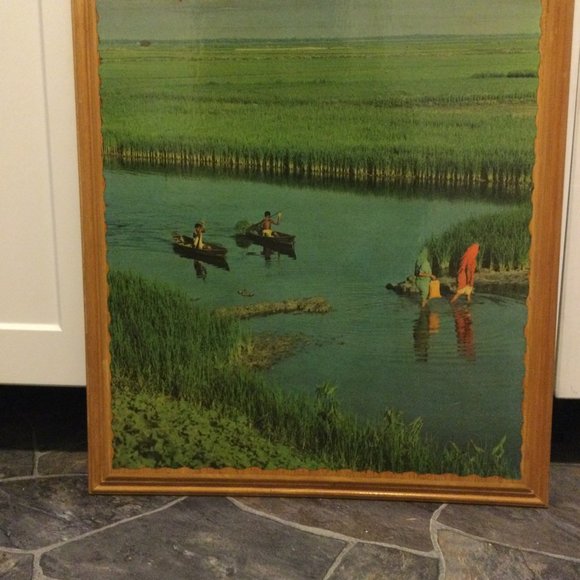 Solid Wood framed landscape print on board wall hanging grassland river boating - Picture 3 of 10